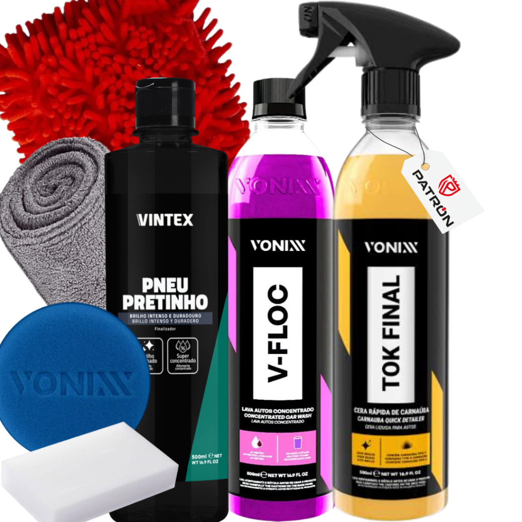 Kit Para Lavar Moto Pneu Pretinho Shampoo V-Floc Cera Tok
