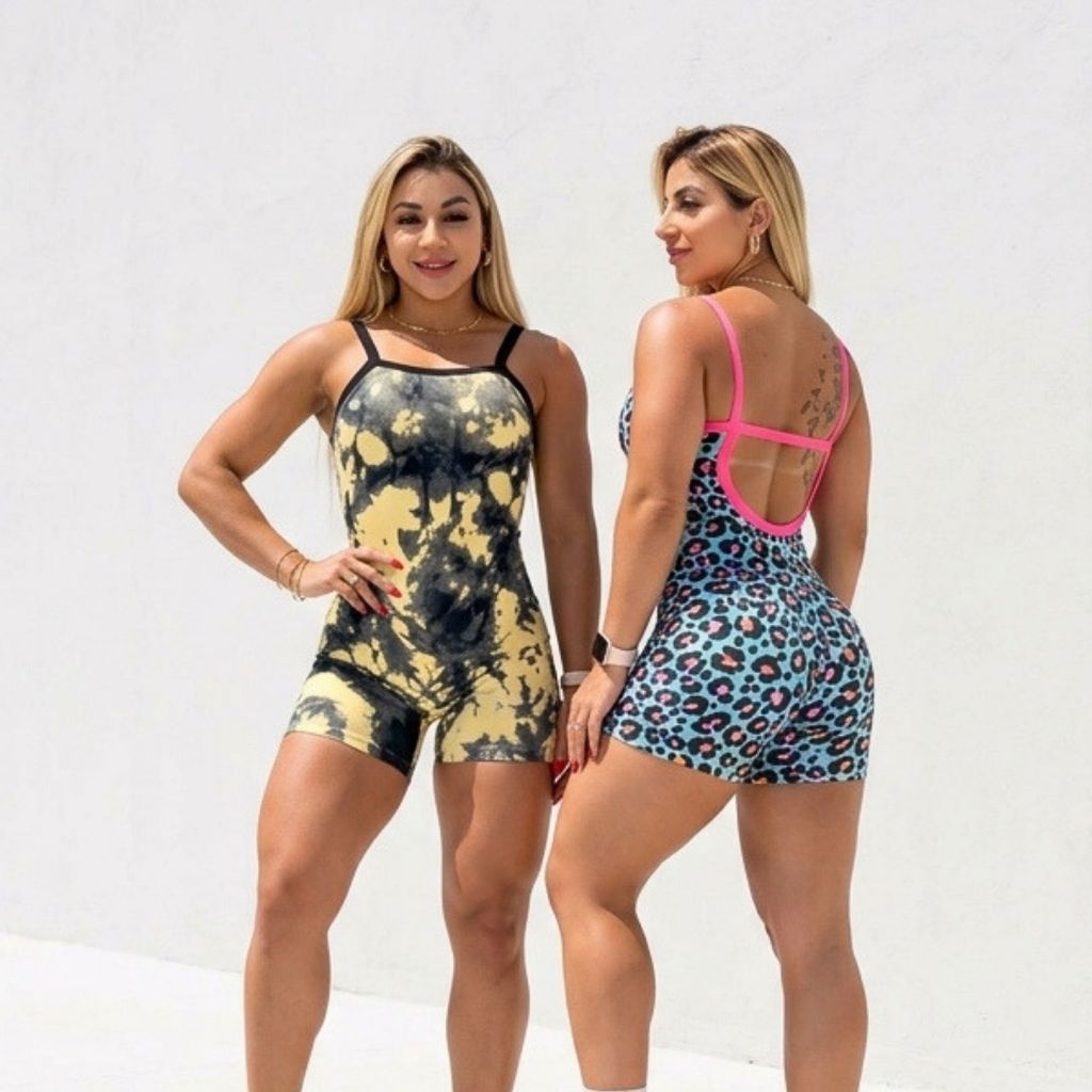 Macaquinho Feminino De Academia Curto Fitness Shortinho Liso Estampado