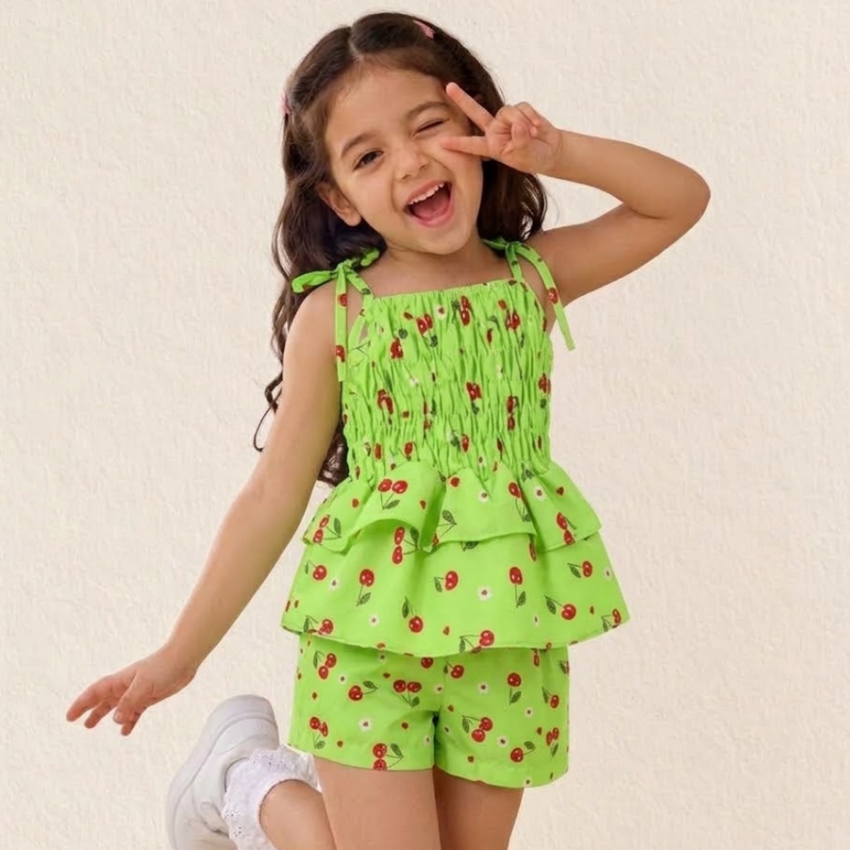 conjunto infantil cereja tendencia verão moda blusinha elastex estampada Conjunto Infantil Regata + Short
