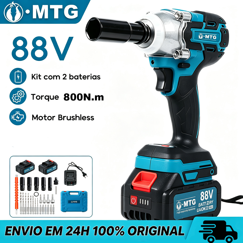 Chave de Impacto Sem Fio MTG 88V, Torque 800N·m, Motor Brushless, 2 Baterias, Acessórios Completos, Ideal Para Serviços
