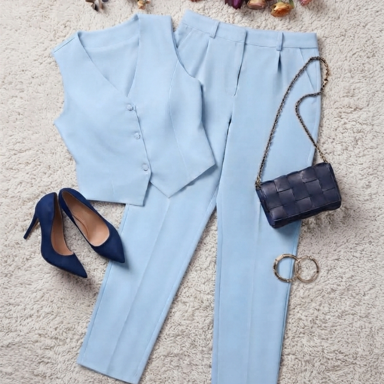 Conjunto Alfaiataria Premium Feminino Calça e Colete com Botões Moda Plus Size Elegante Casual Cintura Alta Confortável.