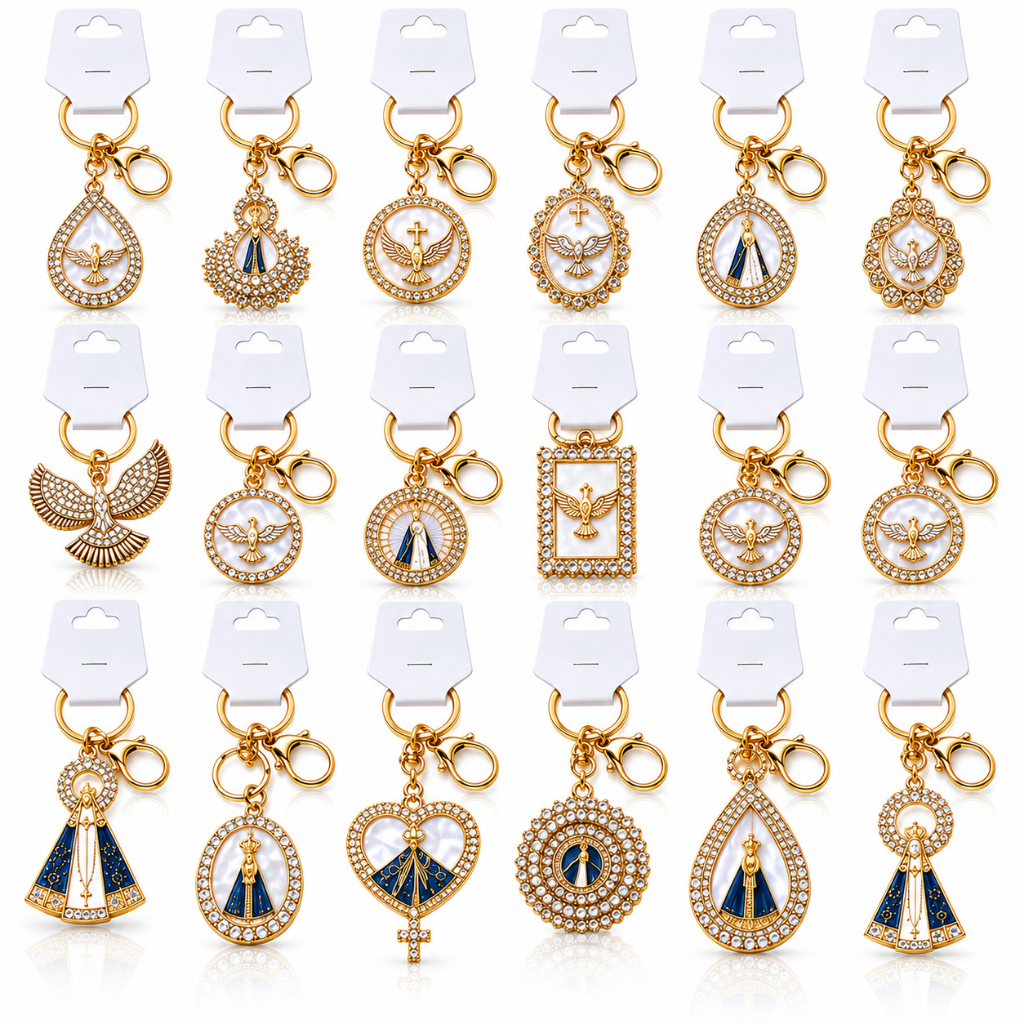 KIT6 Chaveiro Religioso Nossa Senhora Aparecida com Strass Luxo Dourado