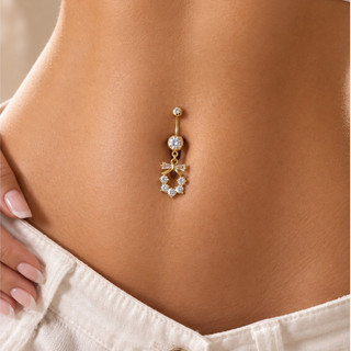 Piercing de Umbigo Dourado com Laço e Strass Brilhante Feminino com Pedras e Laço/ Delicado, Elegante, Sofisticado Aço