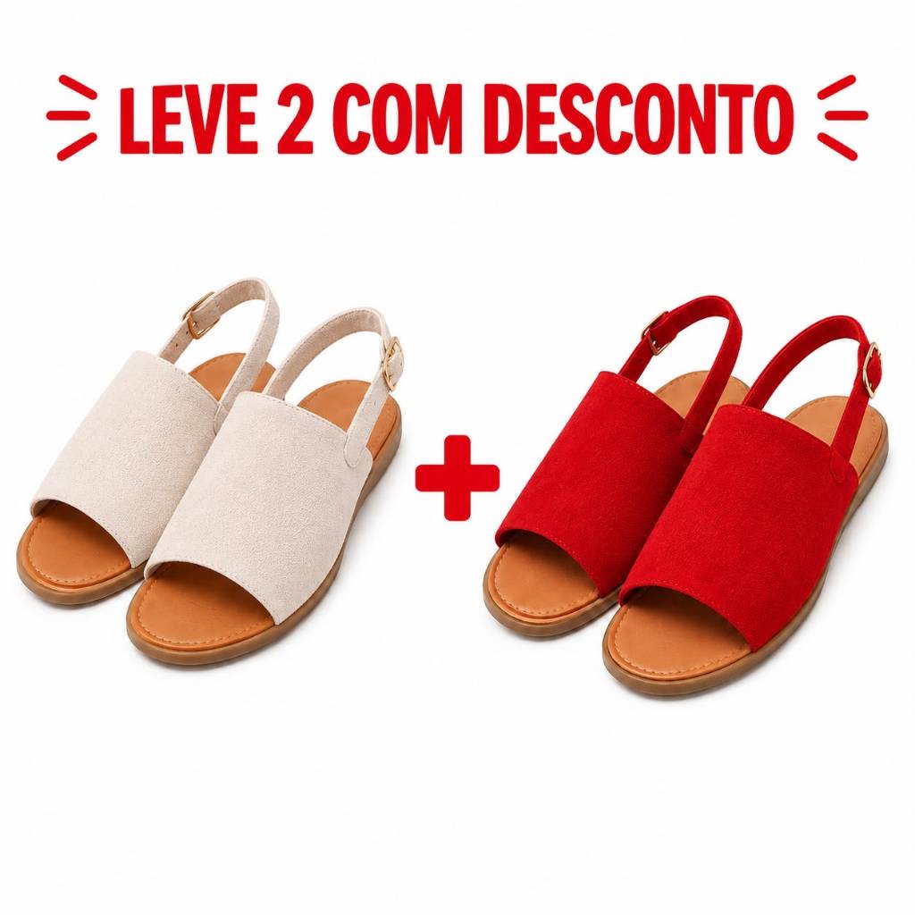 Kit 2 Sandálias Rasteiras Femininas Com Fivela Confortável Leve Camurça Casual Verão Marfim Vermelho
