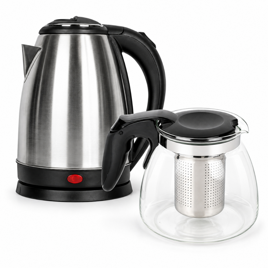 Chaleira Elétrica Inox Com Base Giratória + Chaleira Bule de Vidro Com Infuso