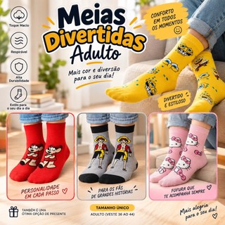 Meia Divertida de Personagem Adulto Unissex Cano Médio ou Alto 35 ao 43