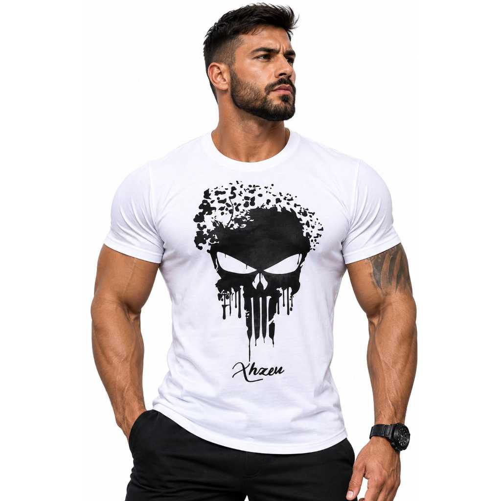 Camiseta Masculina Xhzeu Dry Fit Proteção UV Justiceiro Punisher Academia Treino Slim Fit