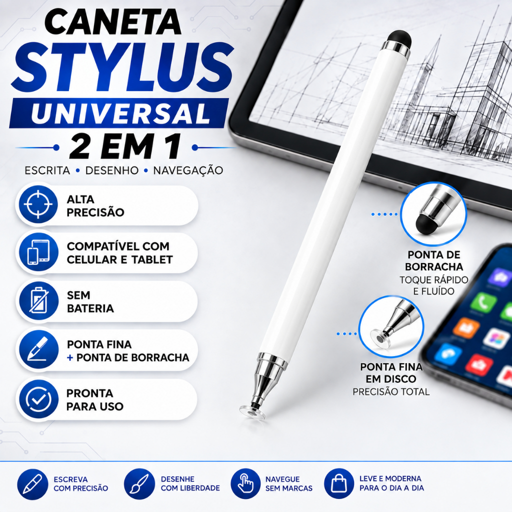 Caneta Touch Screen Stylus 2 Em 1 Ponta Dupla Tablet Celular
