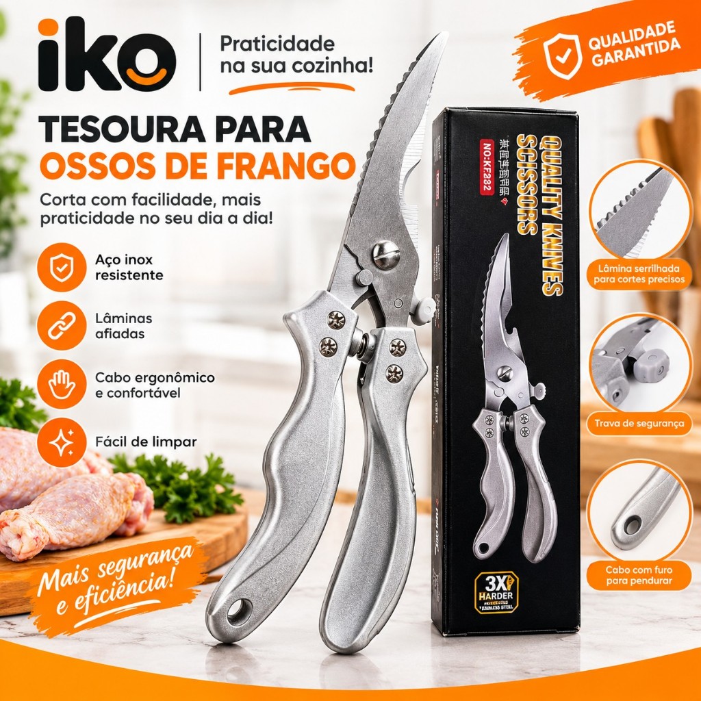 Tesoura para Frango Multiuso com Lâmina Serrilhada e Cabo Ergonômico