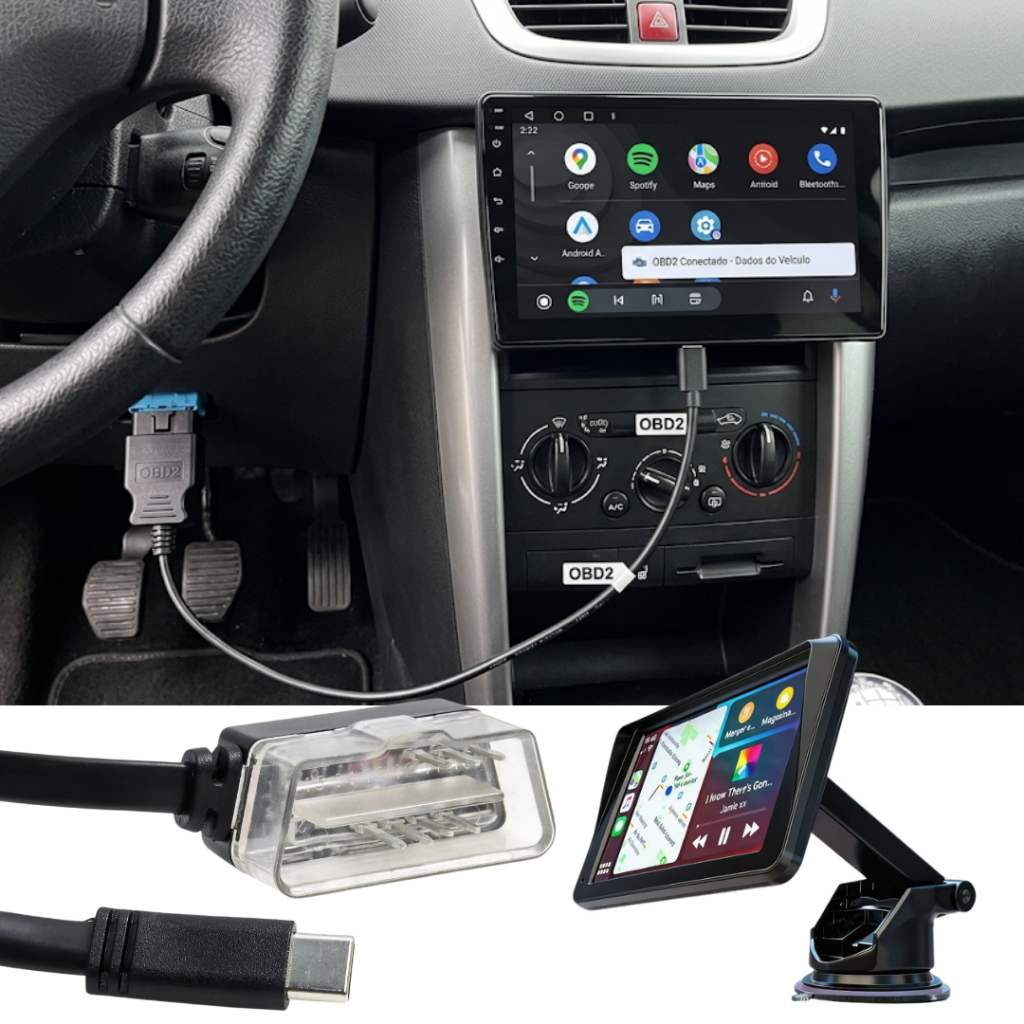 Cabo Central Multimídia Portátil Externa Tela Rádio Android Universal Espelhamento GPS Carplay Portátil ESSGOO Obd