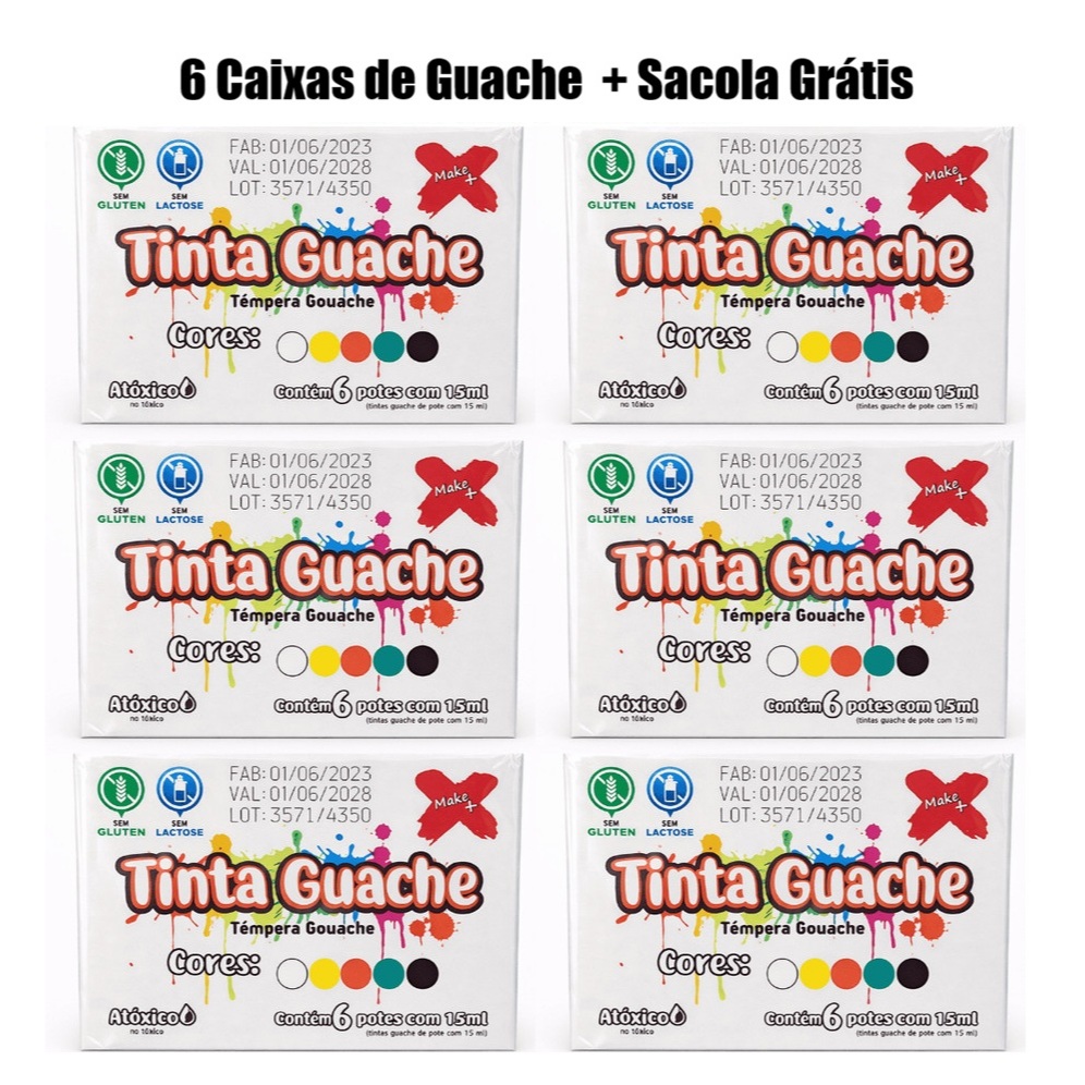 TINTA GUACHE COM 6 CORES + SACOLA GRATIS PARA FESTA E ESCOLAS