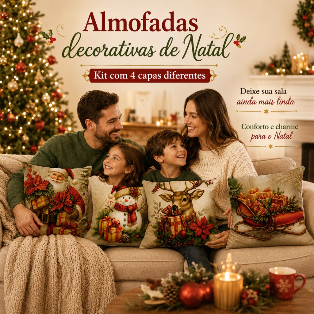 Kit 4 Almofadas Decorativas Natal Somente Capa 45x45cm Feliz Natal Sala Quarto e Decoração Casa Luxo Papai Noel