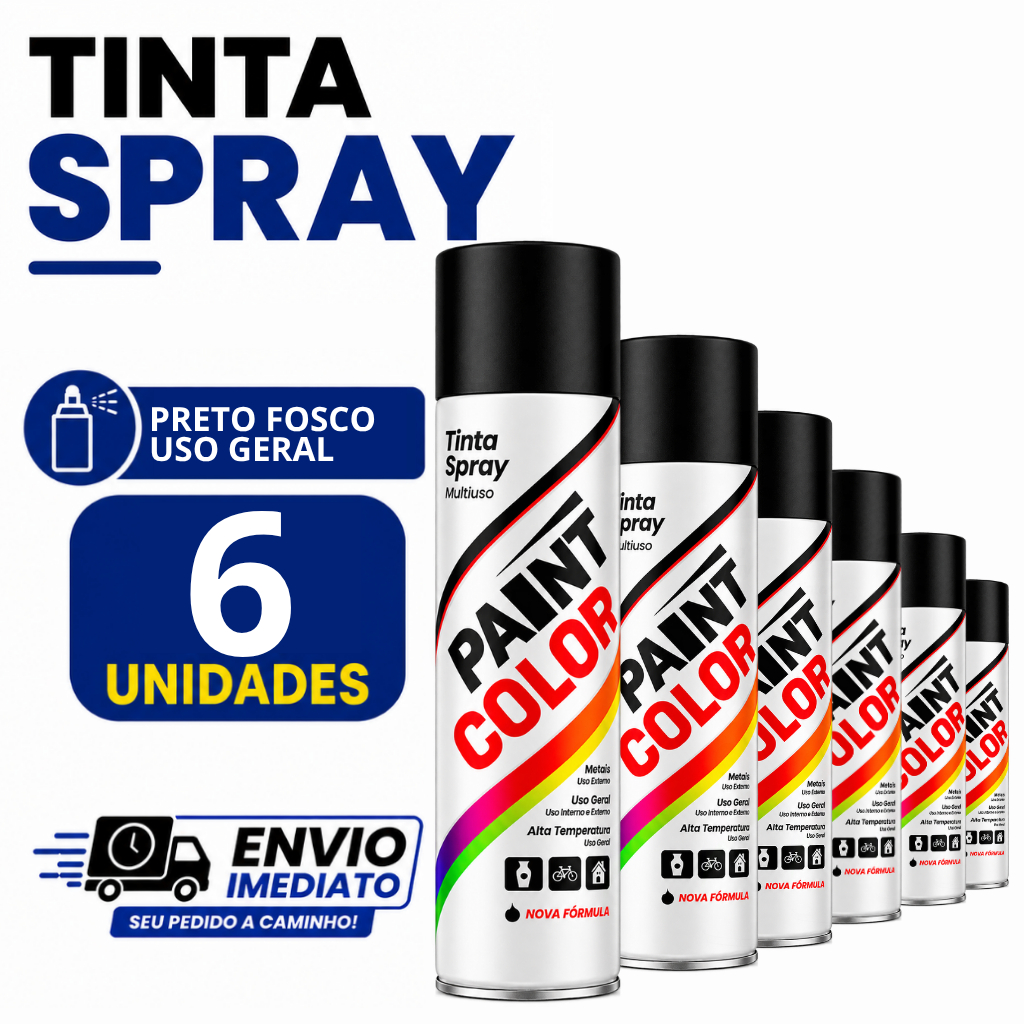 Kit 6 Tinta Spray Preto Fosco Uso Geral 400ml Paintcolor Secagem Rápida