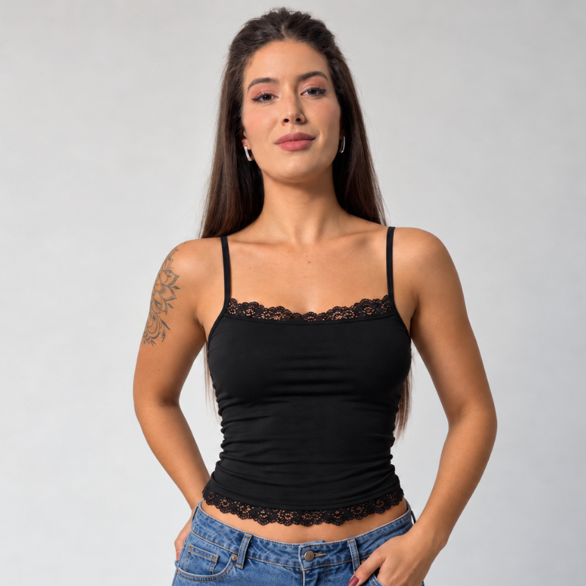 Regata Feminina com Renda Alcinha Fina Blusa Regatinha Básica Justa Tendência Verão