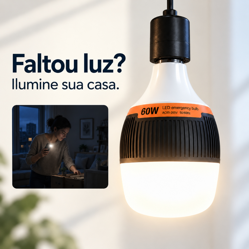 Lâmpada de Emergência LED 60W Recarregável Bivolt E27 Luz Branca