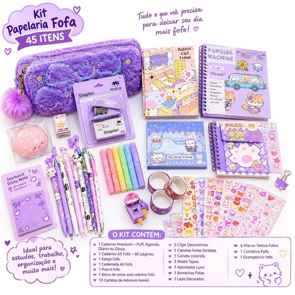 Mega Kit Papelaria Fofa Kawaii 45 Itens Material Escolar Caderno Estojo Canetas Adesivo Planner Organizador Presente