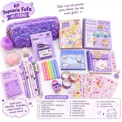 Mega Kit Papelaria Fofa Kawaii 45 Itens Material Escolar Caderno Estojo Canetas Adesivo Planner Organizador Presente