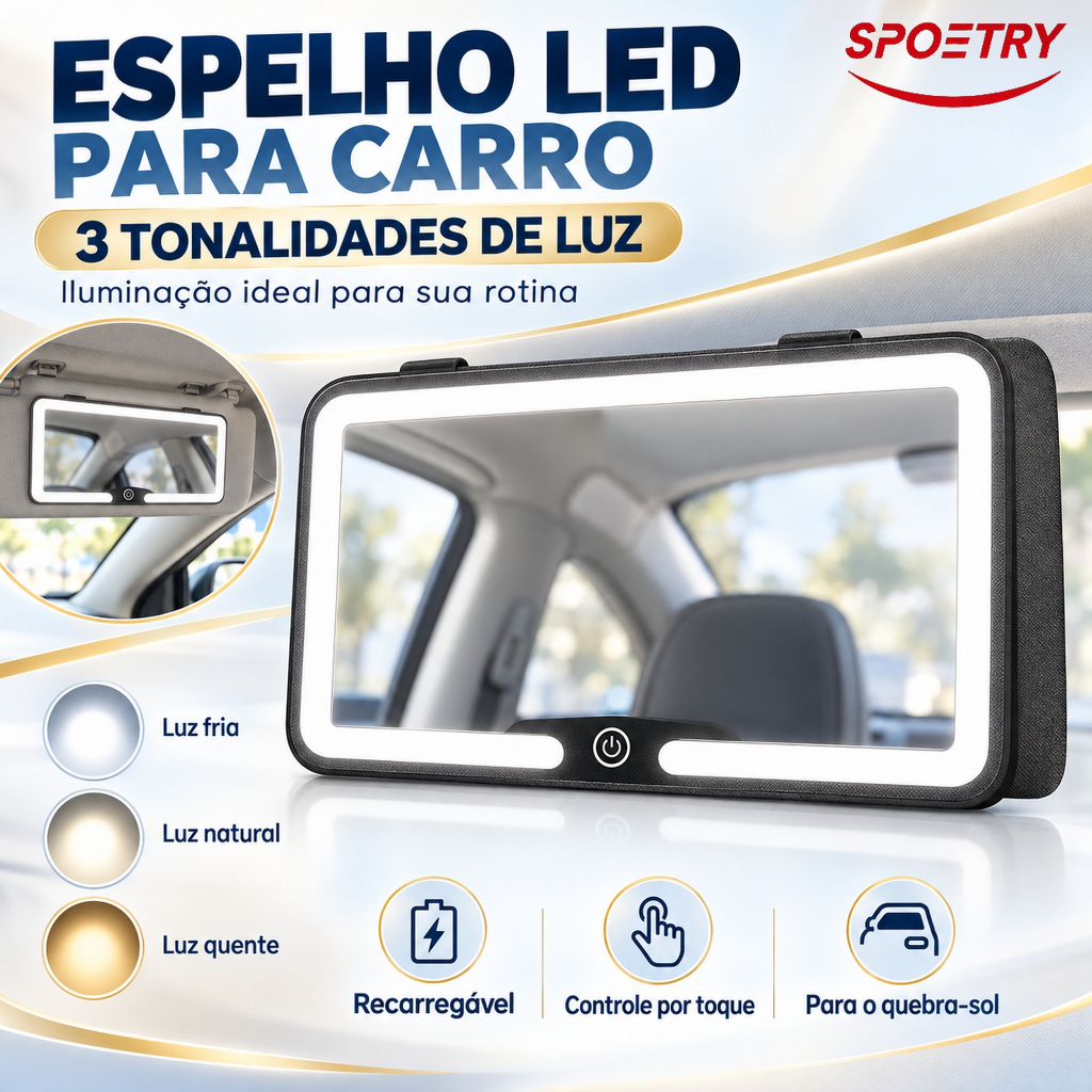 Espelho com led para carro para maquiagem recarregável retrovisor visor com luz 3 tonalidades
