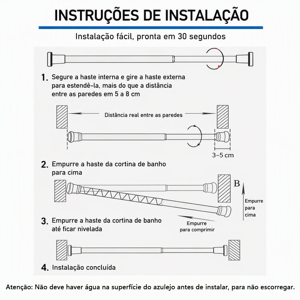 Varão Extensível Ajustável 30-260cm Sem Furo Multiuso Box Banheiro Cortina Varal SSG — imagem 2 de 2