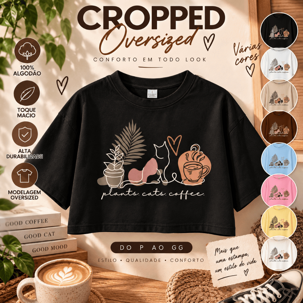Cropped Feminino Oversized 100% Algodão Estampado Plants Cats Coffee Casual Confortável Moda Feminina