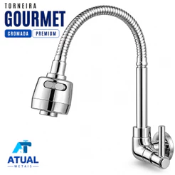 Torneira Gourmet Cozinha Parede Flexível 2 Jatos 360° Cromada Metal 1/4 Volta C72