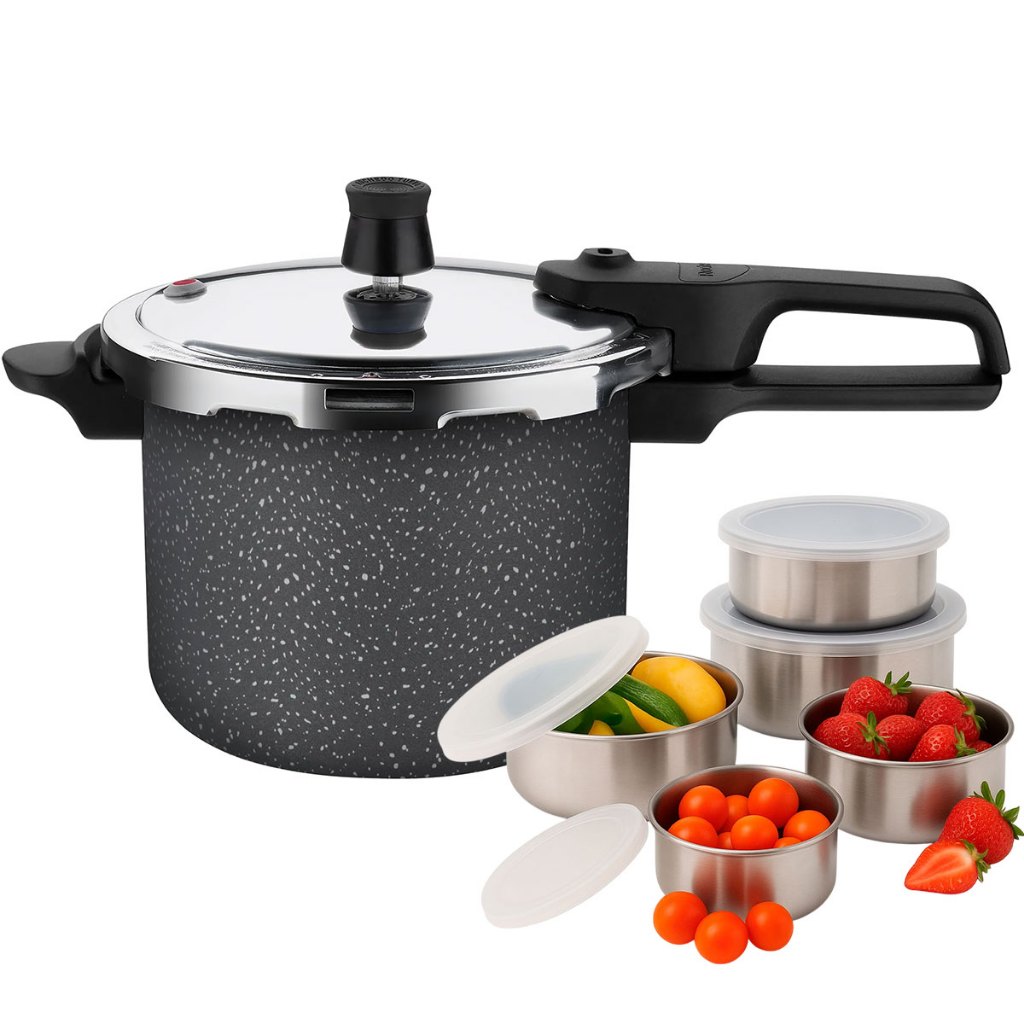 Panela de Pressão 4,5L Rochedo Segura Pro Stone Revestimento Antiaderente e Kit de Potes em Aço Inox