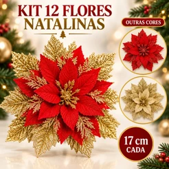 Kit 12 Flores Artificial Glitter 17cm Decoração De Natal Dourado-Vermelho-Vermelho e Dourado Luvinco