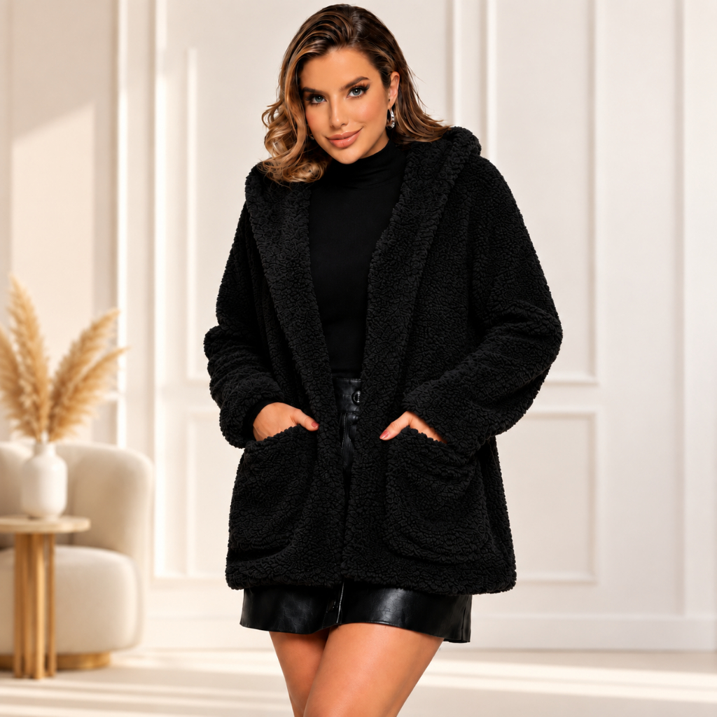Casaco Feminino Longo Com Capuz Pelinho Teddy