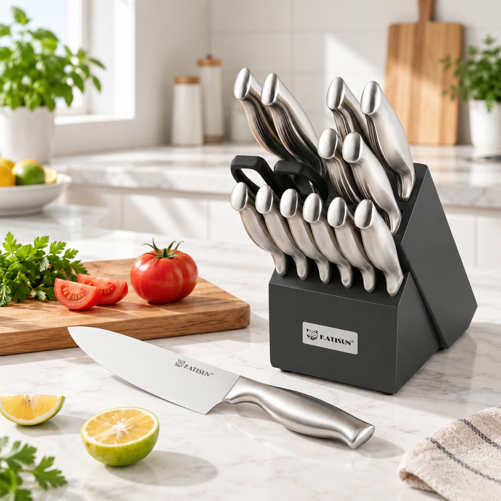 Conjunto De Facas Cozinha 15 Pçs Com Suporte e Afiação Profissional Para Chef Aço Inoxidável