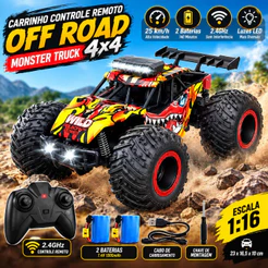 Carrinho Controle Remoto Off Road 1:16 Monster Truck 25km/h Luz LED 2 Baterias 140 Minutos 2.4GHz