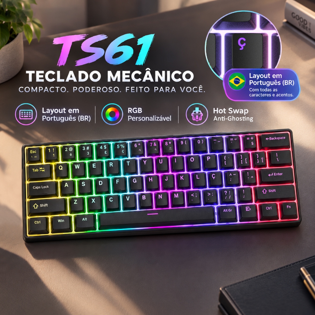 TS61 Teclado mecânico 60% gaming RGB ABNT2 wired switch red switch brown NKRO escritório jogos WIN MAC