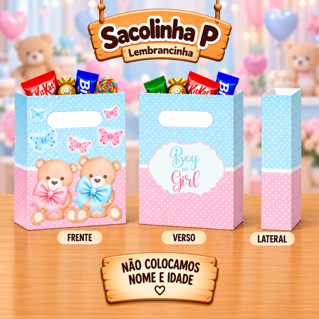 Sacolinha Surpresa Personalizada CHÁ REVELAÇÃO AZUL E ROSA Lembrancinha de Festa de Aniversário PEGUE E MONTE