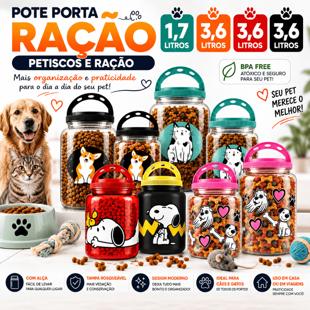 Pote Porta Ração Petiscos Pet Para Cachorro E Gato Pet 3,6L e 1,7Litros Com Alça Recipiente BPA Free
