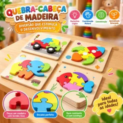 Quebra Cabeça Madeira Animais e Formas Personagens Brinquedo Infantil Educativo Sensorial Montessori