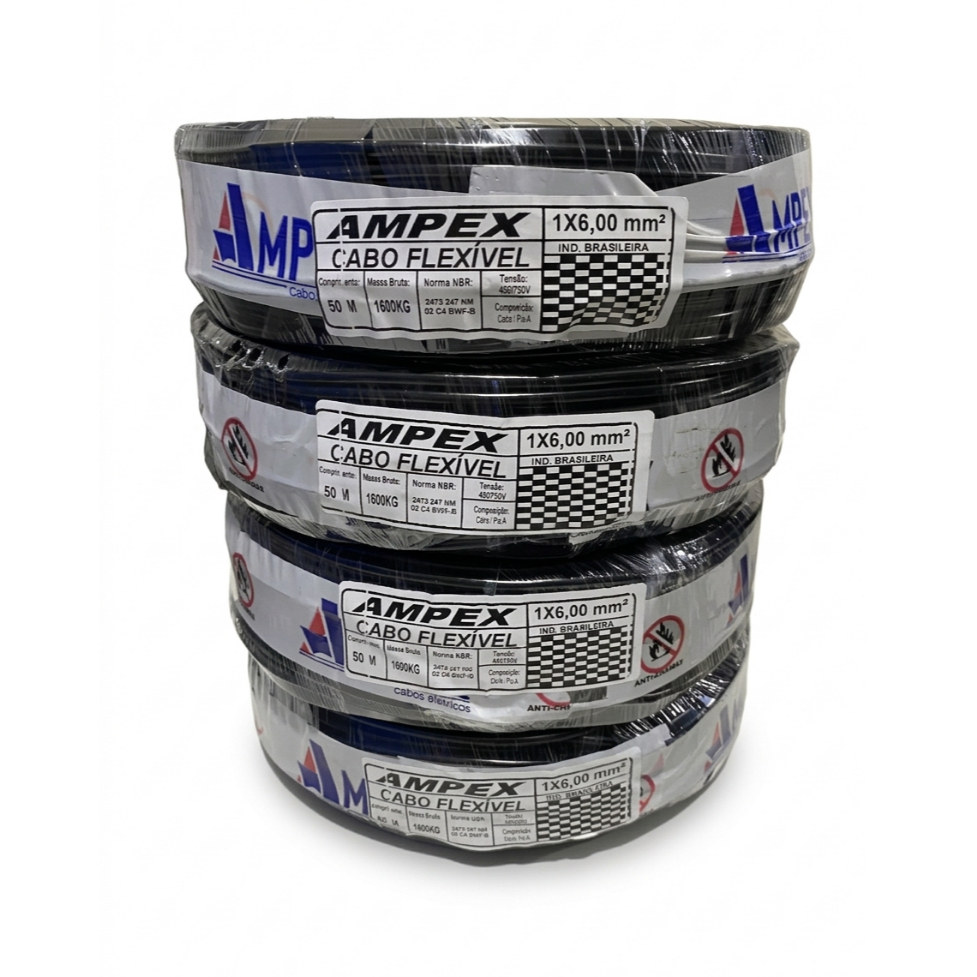 Fio Elétrico Cabo Flexível 6mm Rolo de 50 metros – Certificado INMETRO | Anti-chamas | Ampex
