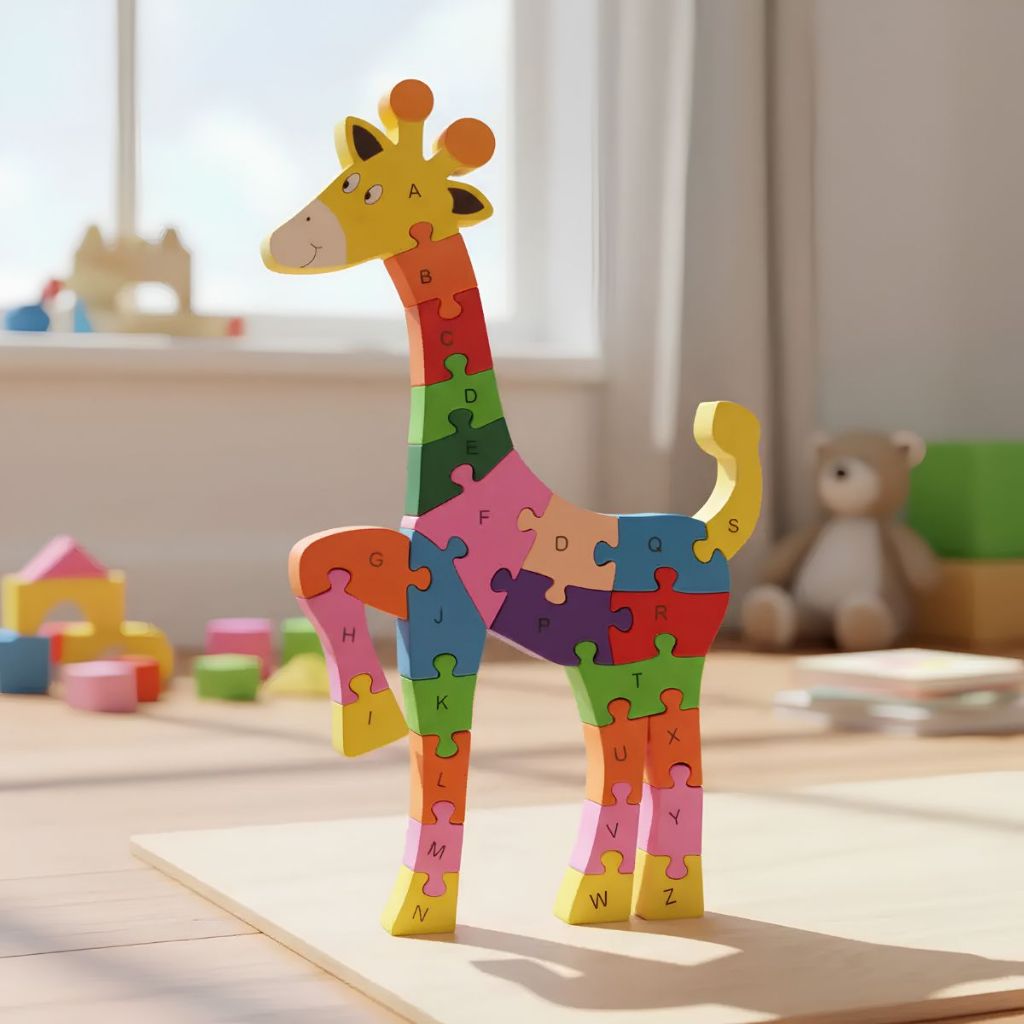 Quebra-cabeça Madeira Infantil Educativo Montessori Animal Girafa Com 26 Peças do Alfabeto