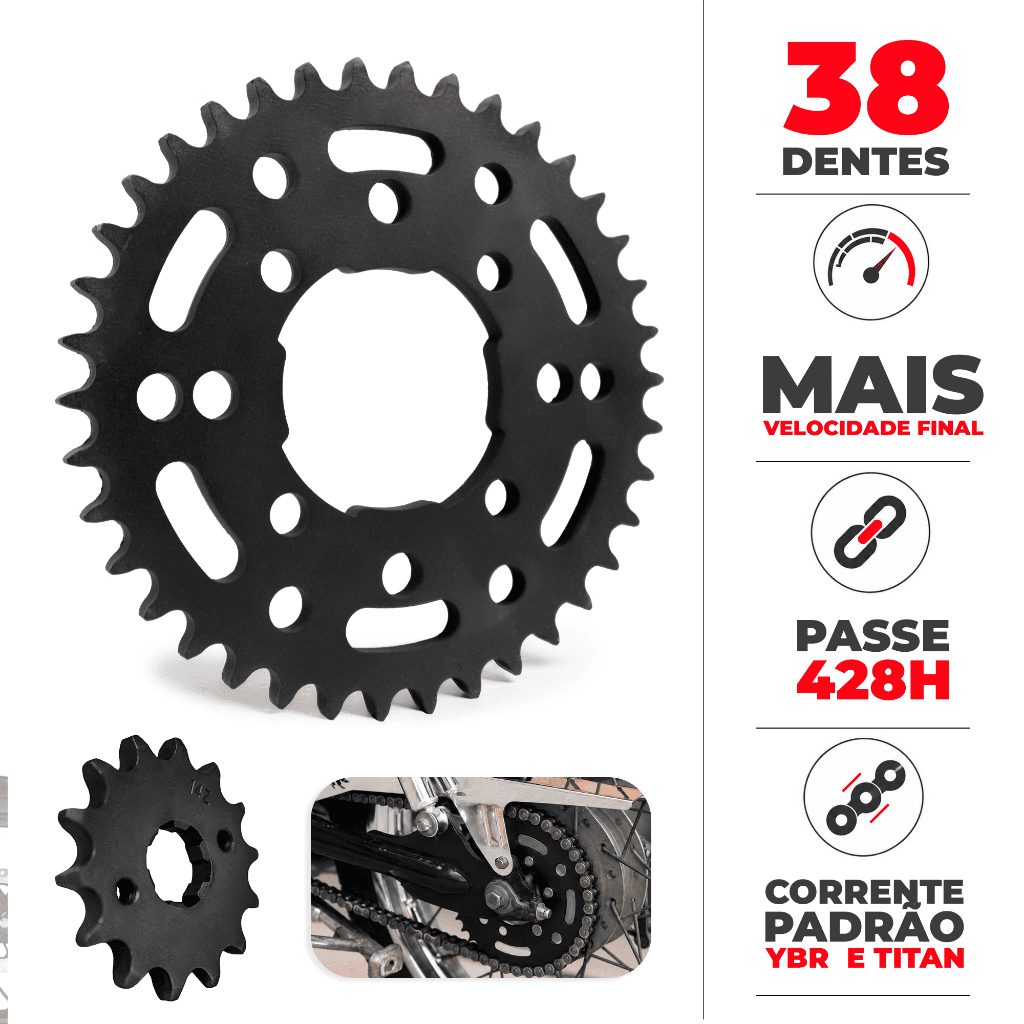 Kit Relação Coroa Pinhão 38x14 Mais Velocidade Final Compatível com Titan Fan Start YBR Factor 125 150 160 — imagem 2 de 2