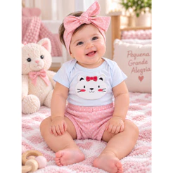 Conjunto Bebê Menina 3 Peças Body Shorts Tapa Fralda Bordado Algodão Faixinha Roupa Verão Infantil