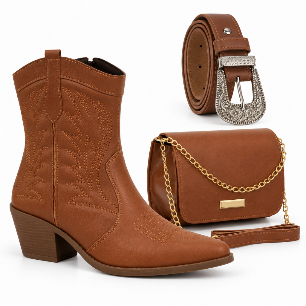 Bota Country Feminina Western Bico Fino Salto Médio + Bolsa e Cinto Rodeio