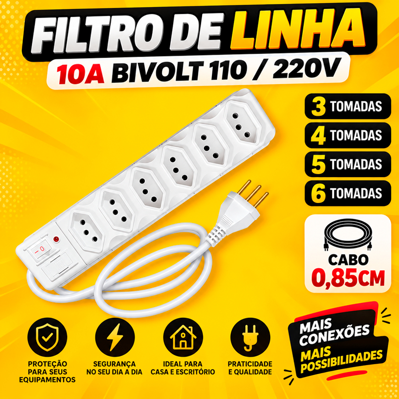 Filtro de Linha Branco 3, 4, 5 e 6 Tomadas Extensão Elétrica Régua 10a Bivolt