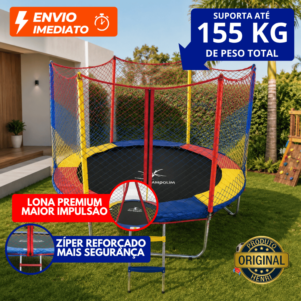 Cama Elástica 2,44m Pula Pula Trampolim Infatil com Escadas Rede de Proteção Resistente Segura