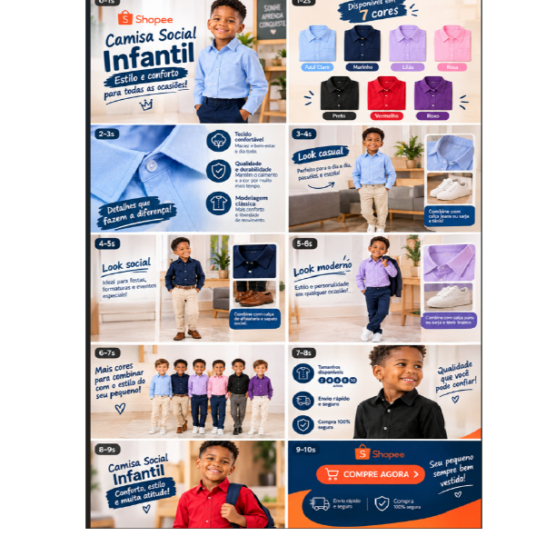 Camisa Social Infantil Manga Longa Menino Algodão Festa Batizado Casamento Formatura do 1 ao 16
