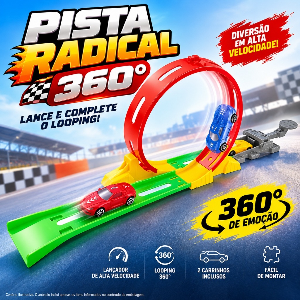Pista de Carrinho Infantil Looping 360° com Lançador + 2 Carrinhos Brinquedo de Corrida Infantil