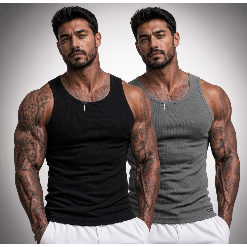Kit 2 Regata Masculina Academia Ribana Canelada  Slim Algodão e Elastano Americana Básica Regata Masculina Algodão