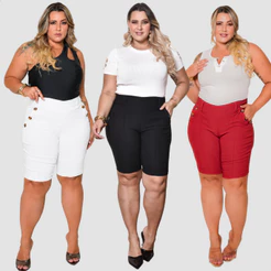 Kit 3 Bermudas Feminina Plus Size Social 6 Botões Elegante Confortavel Tecido Alfaitaria Bengaline 40 Ao 52
