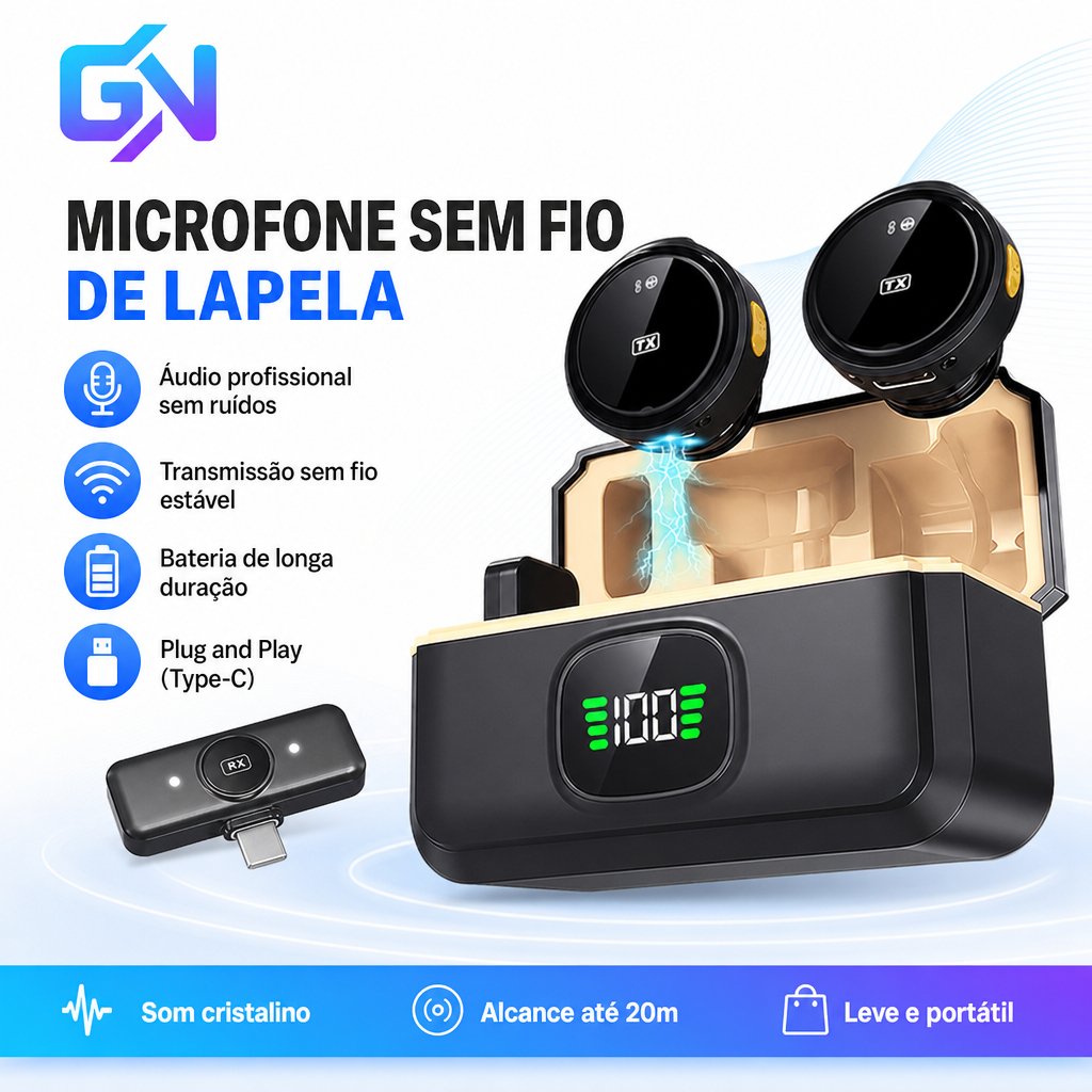 Microfone Sem Fio Lapela 2 Mini Magnético Cancelamento Ruído Profissional IPhone Android Type C