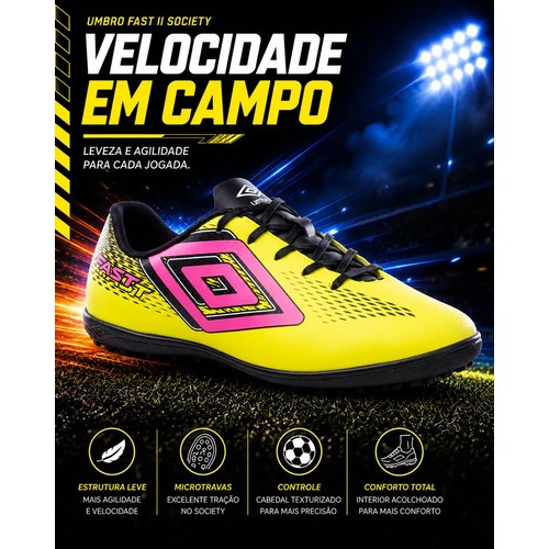 Chuteira Society Umbro Fast II Original Campo Sintético Confortável para Treino e Jogo