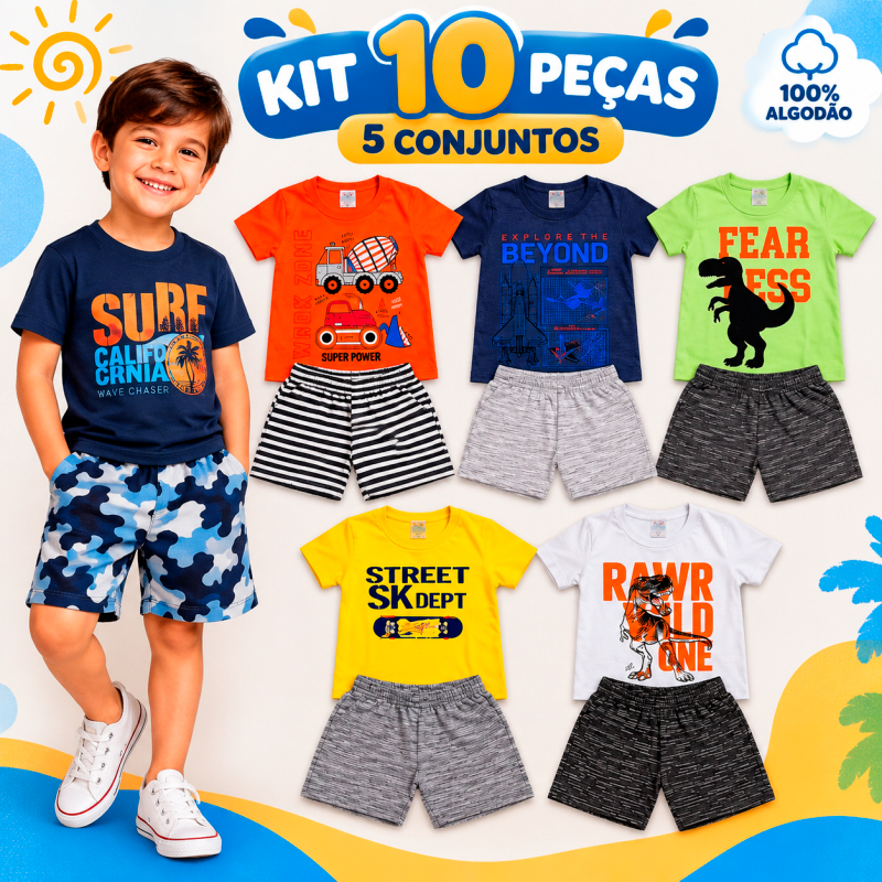 Kit 10 Peças Roupa Infantil 5 Conjuntos Bermuda E Camiseta Menino Verão Sortido 100% Algodão