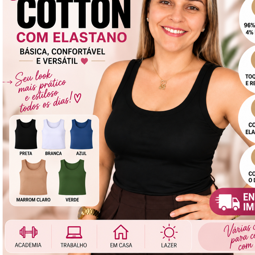 Blusinha Feminina Regata Cotton com Elastano Básica Confortável Ajustada Decote Redondo P M G GG Várias Cores Dia a Dia