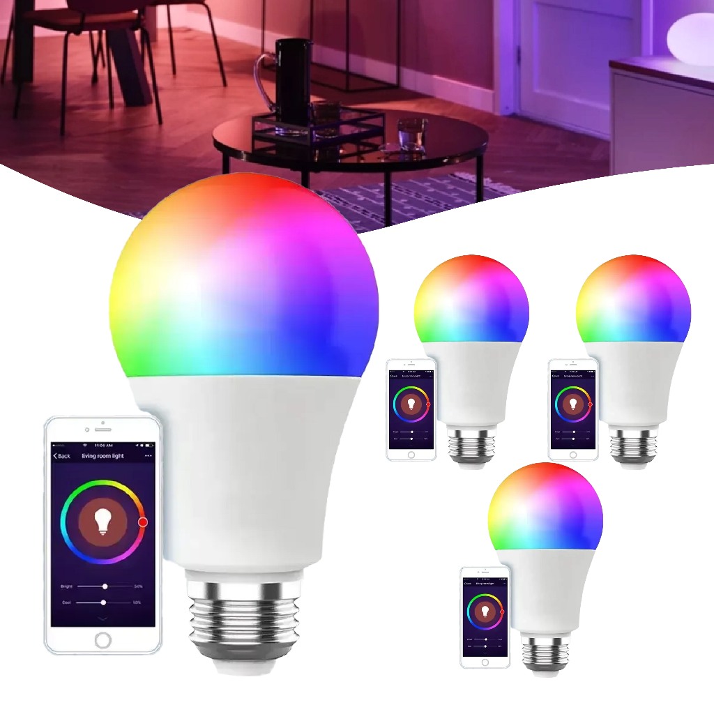 Kit 4 Lâmpada Inteligente LED RGB 10W E27 WiFi Bluetooth Smart com APP Alexa Google Assistente